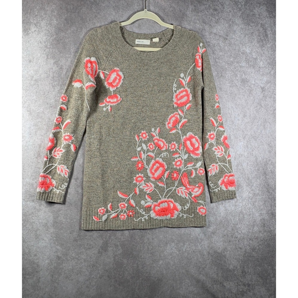 Sleeping on Snow Sweater Womens XS Gray Floral Pullover Wool Blend Embroidered